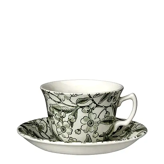 Green Prunus Teacup & Saucer